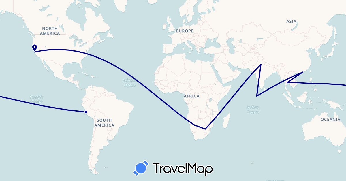 TravelMap itinerary: driving in Hong Kong, India, Maldives, Namibia, Peru, Philippines, Thailand, United States, South Africa (Africa, Asia, North America, South America)